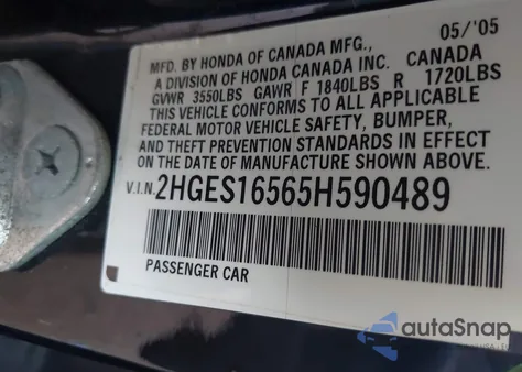 2005 Honda Civic Lx from USA, damaged, VIN 2HGES16565H590489